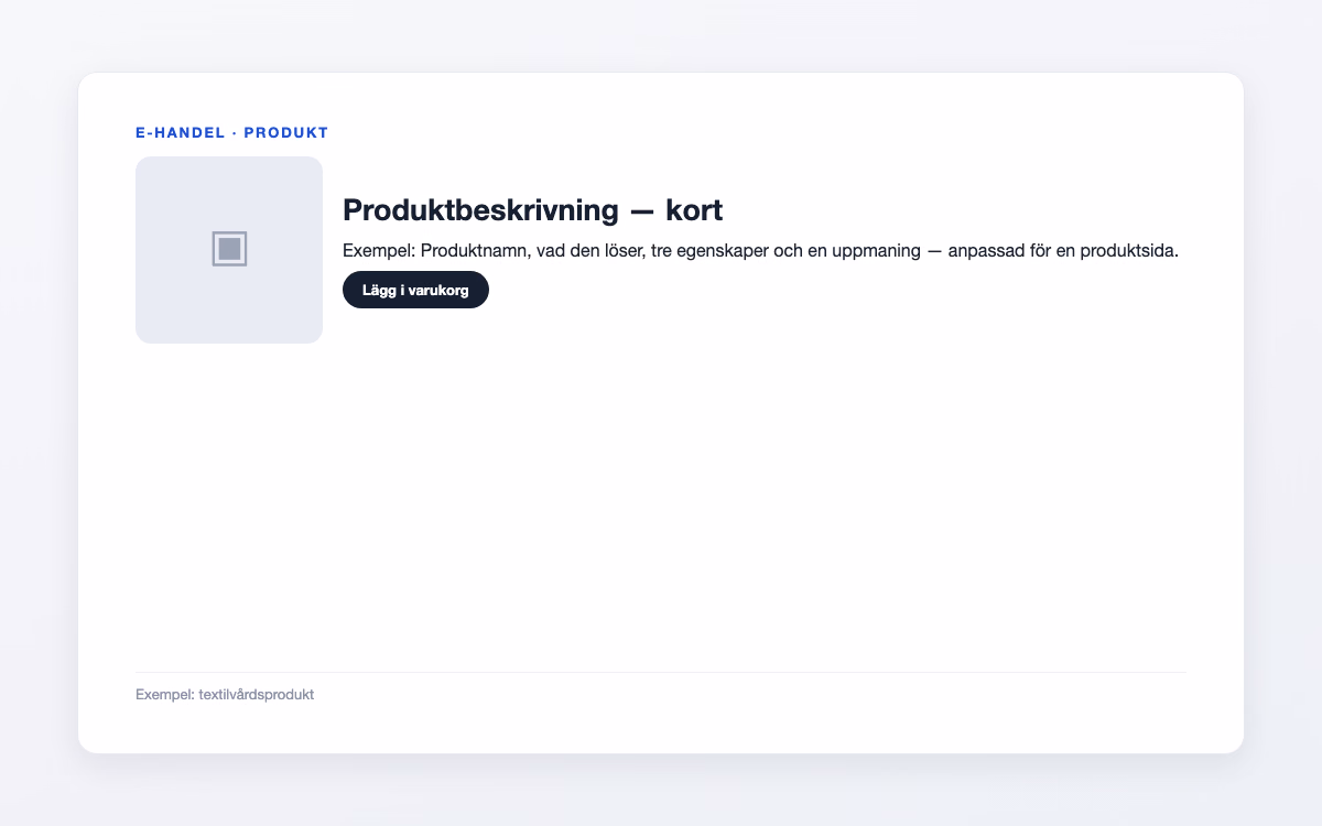 Förhandsvisning av en produktsida med produkttext, egenskaper och prisyta
