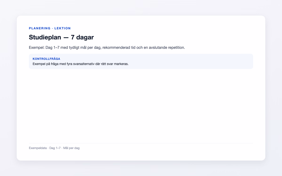 Förhandsvisning av en lektion med rubrik, förklaring och kontrollfråga