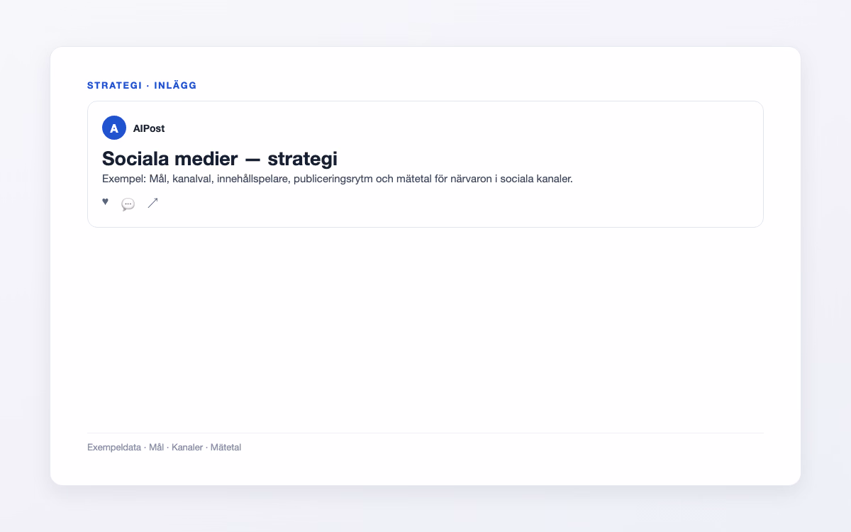 Förhandsvisning av ett socialt inlägg med rubrik, kort inläggstext och engagemangsrad