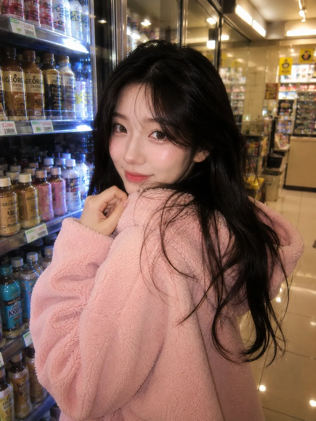 Porträtt i rosa hoodie, koreansk närbutik