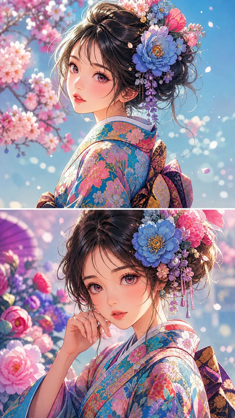 Anime-porträtt i kimono med blomsterhårnål