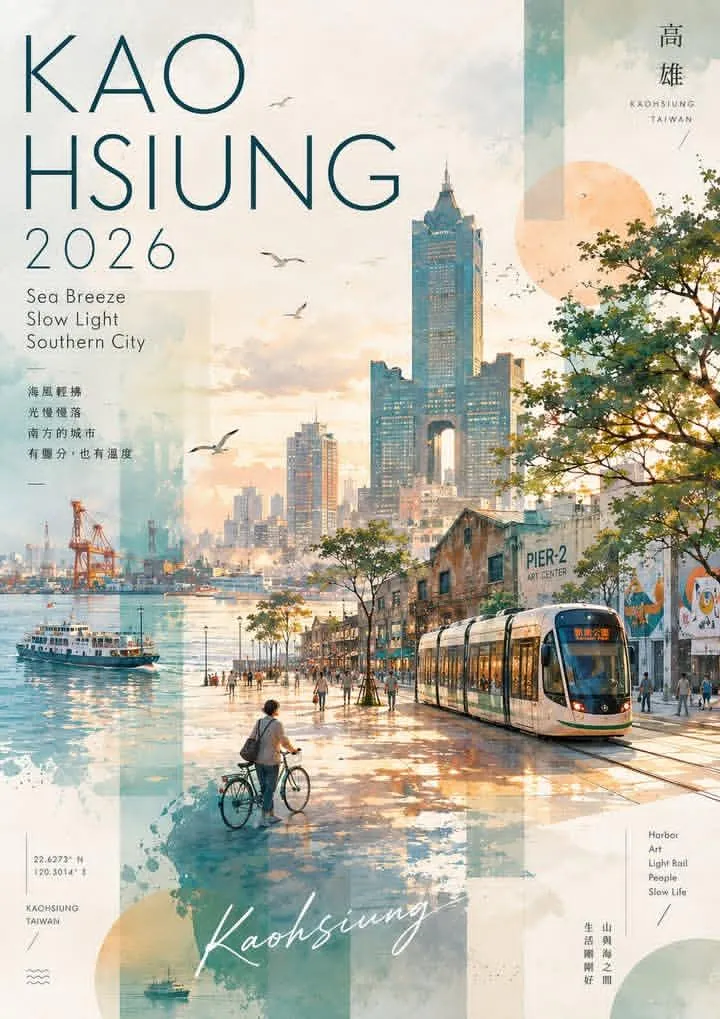 Akvarellcollage-reseaffisch över Kaohsiung