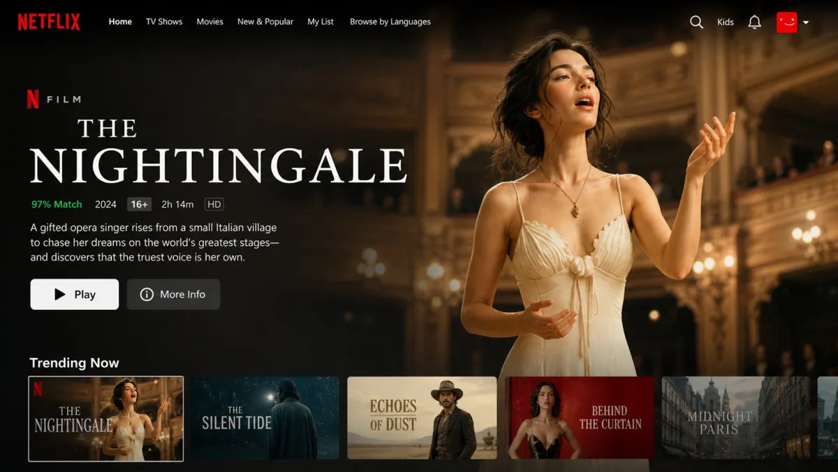 Netflix startsida-UI med huvudvisual