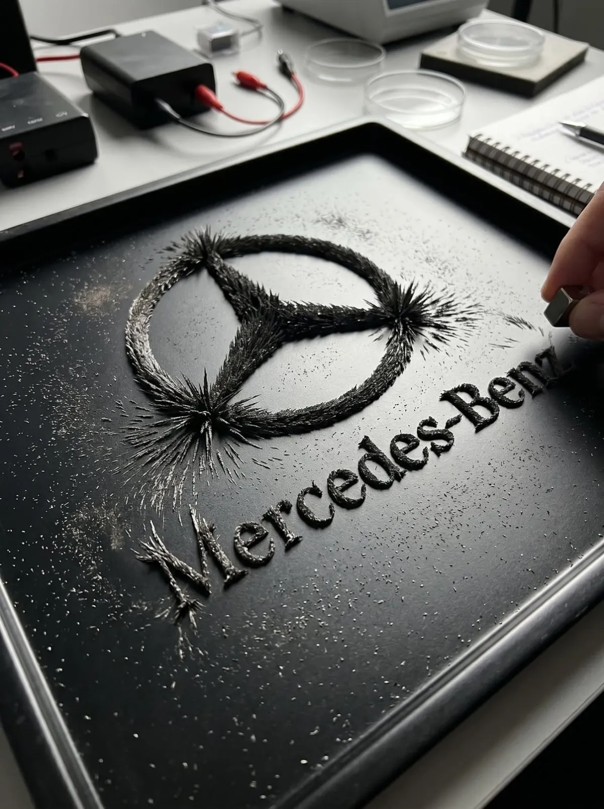 Logotyp som järnfilspån i magnetfält