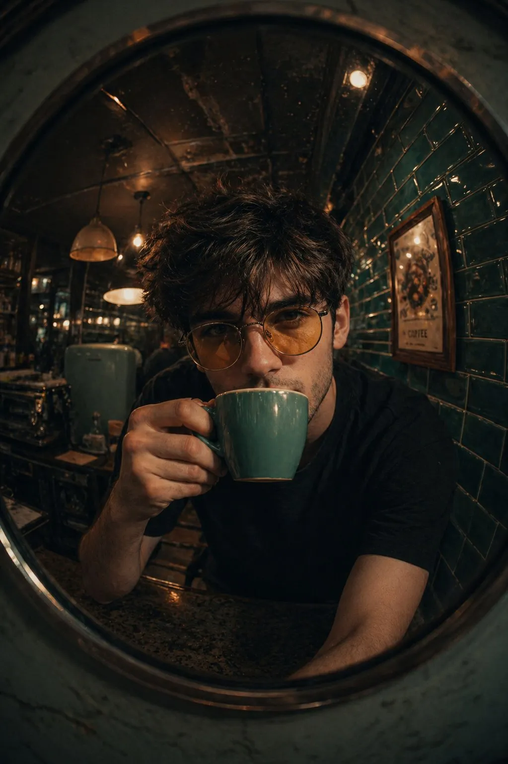 Fisheye-porträtt i retro-kafé