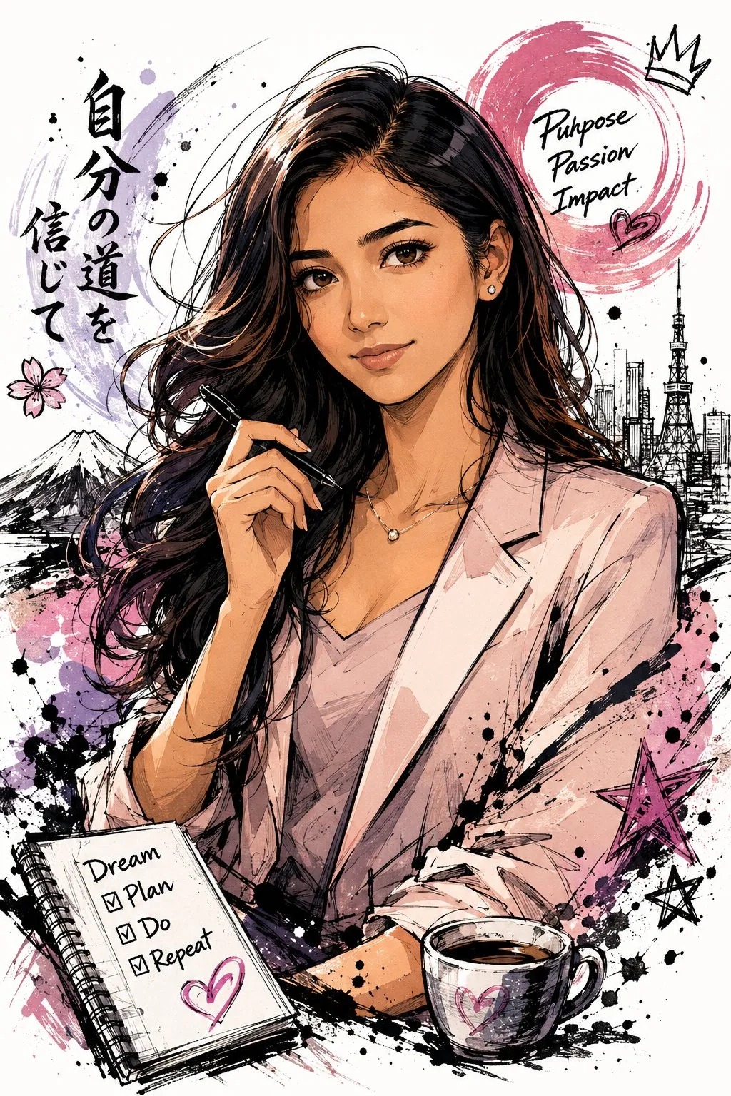 Japansk handritad klotter-halvbildsillustration
