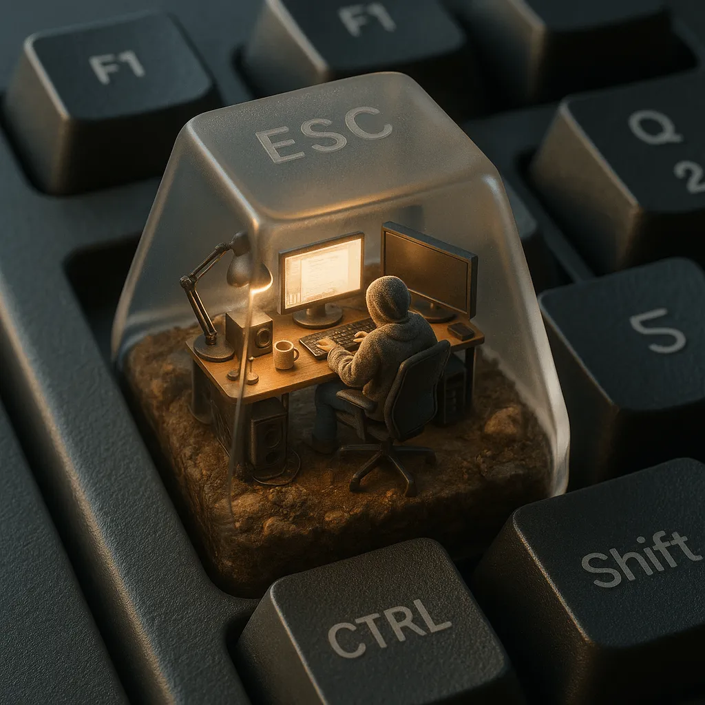 Miniature computer setup diorama inside an ESC keycap