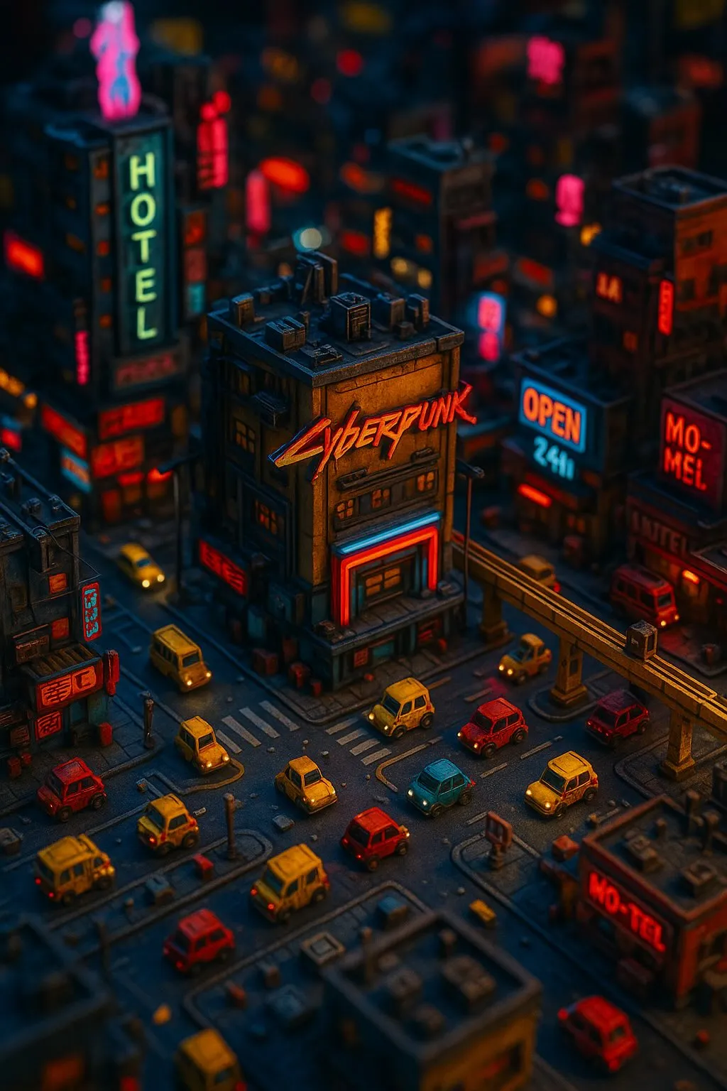 Highly detailed miniature Cyberpunk landscape viewed from above, with tilt-shift lens effect