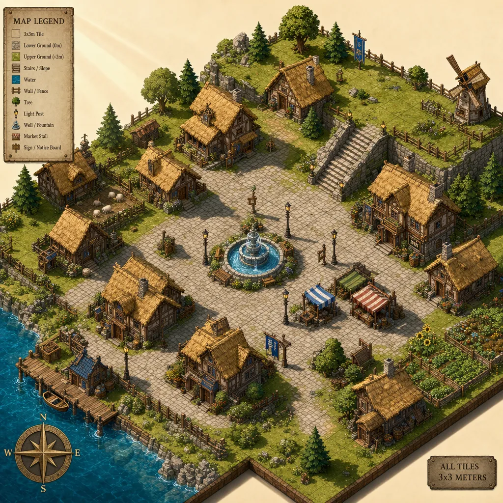 Isometrisk karta över fantasyby