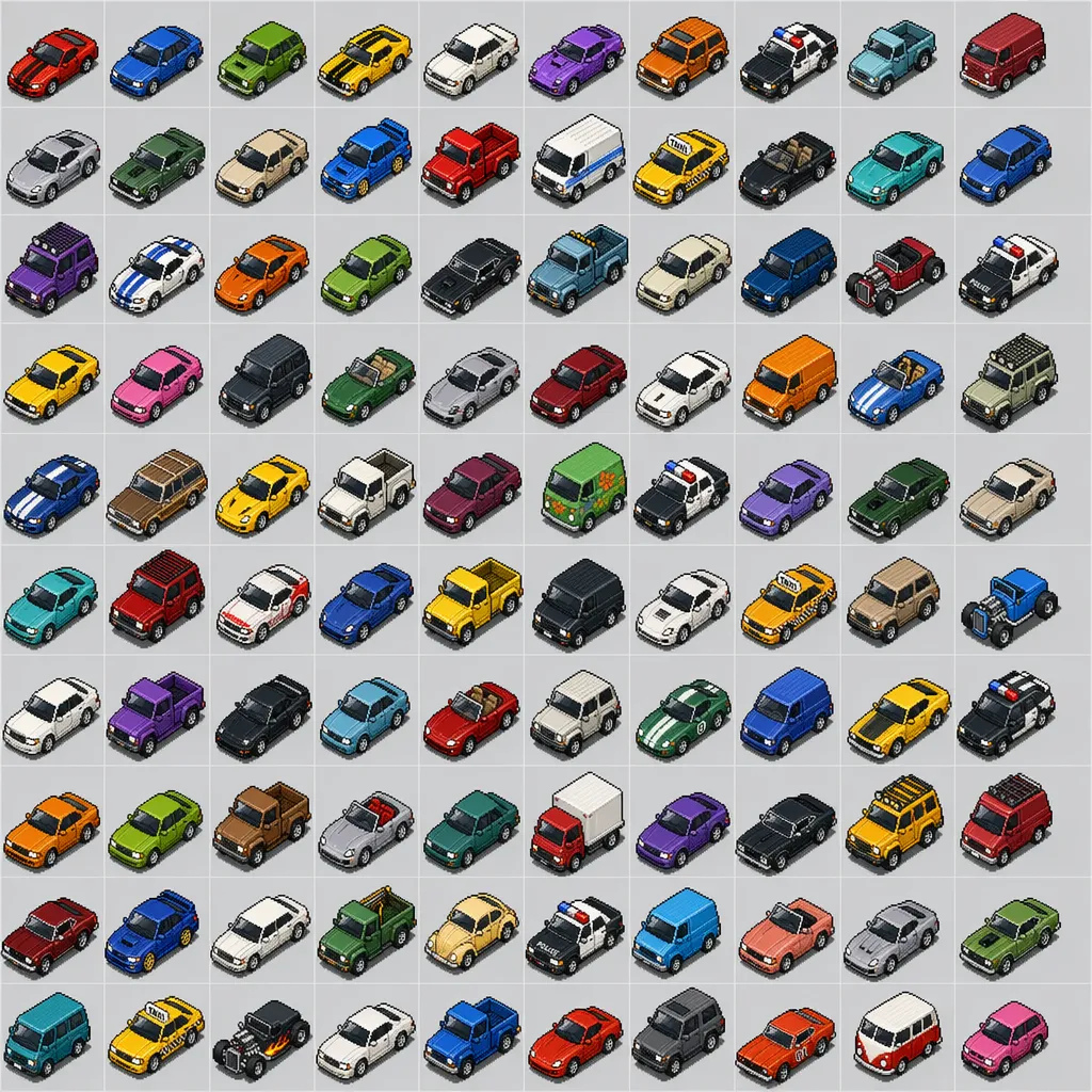 Pixel art-spritesheet med bil
