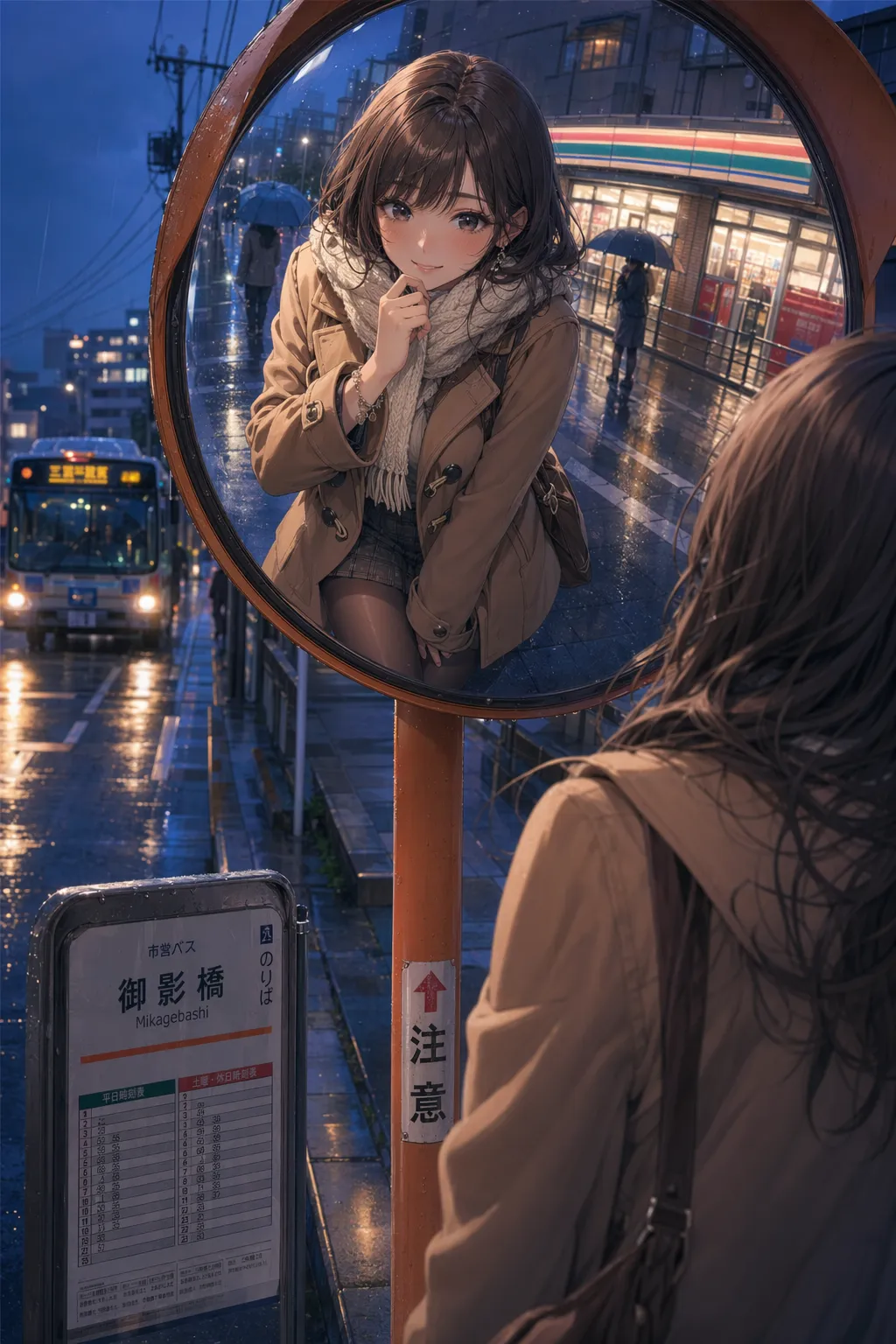 Anime-spegelporträtt vid regnig busshållplats