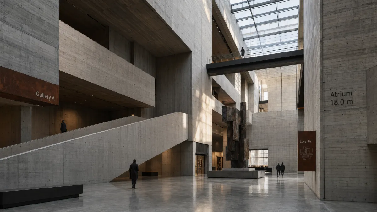 Brutalistiskt betongatrium på museum