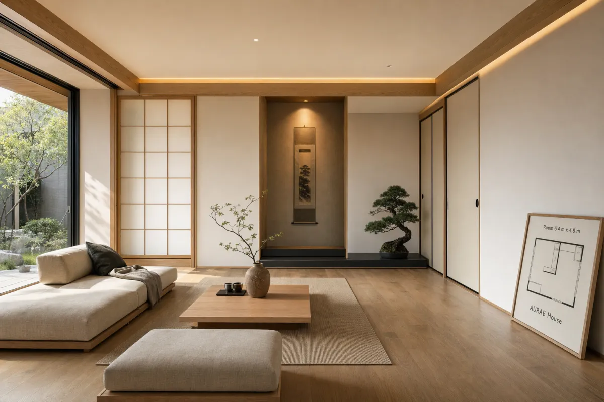 Japanskt minimalistiskt vardagsrum