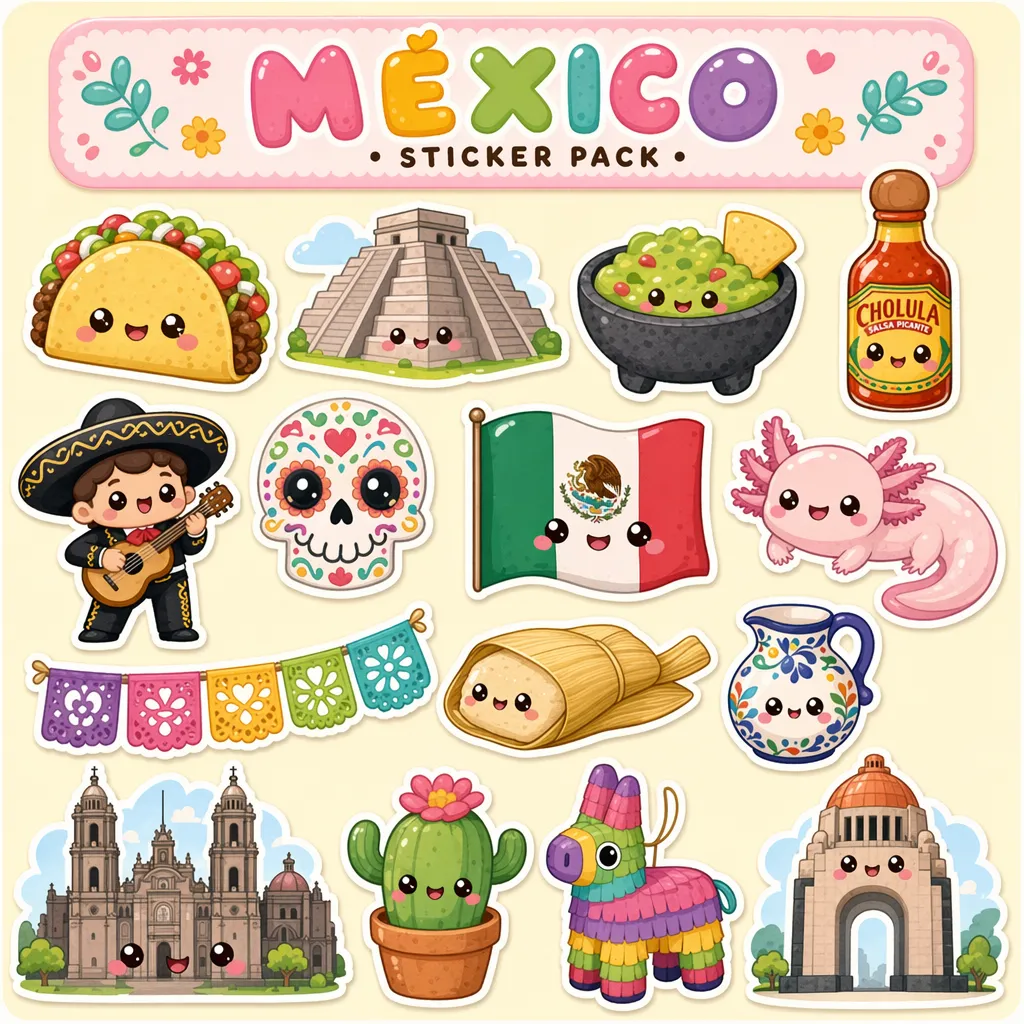 Kawaii-stickerpaket: Mexiko-ikoner