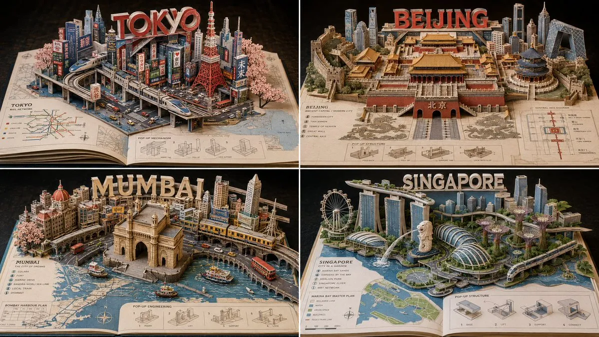 Infografik/utbildning: pop up-bok som miniatyrdiorama