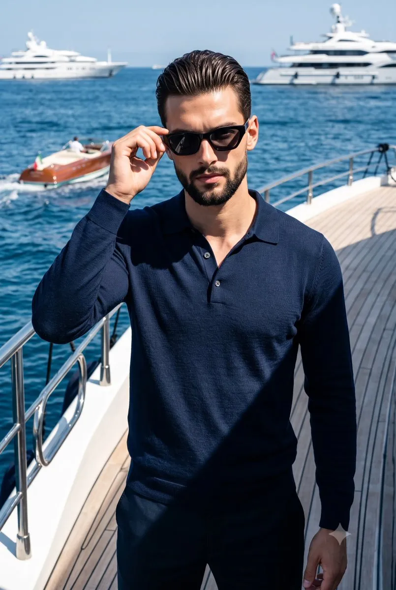 Produktmarknadsföring: manlig modell på lyxyacht