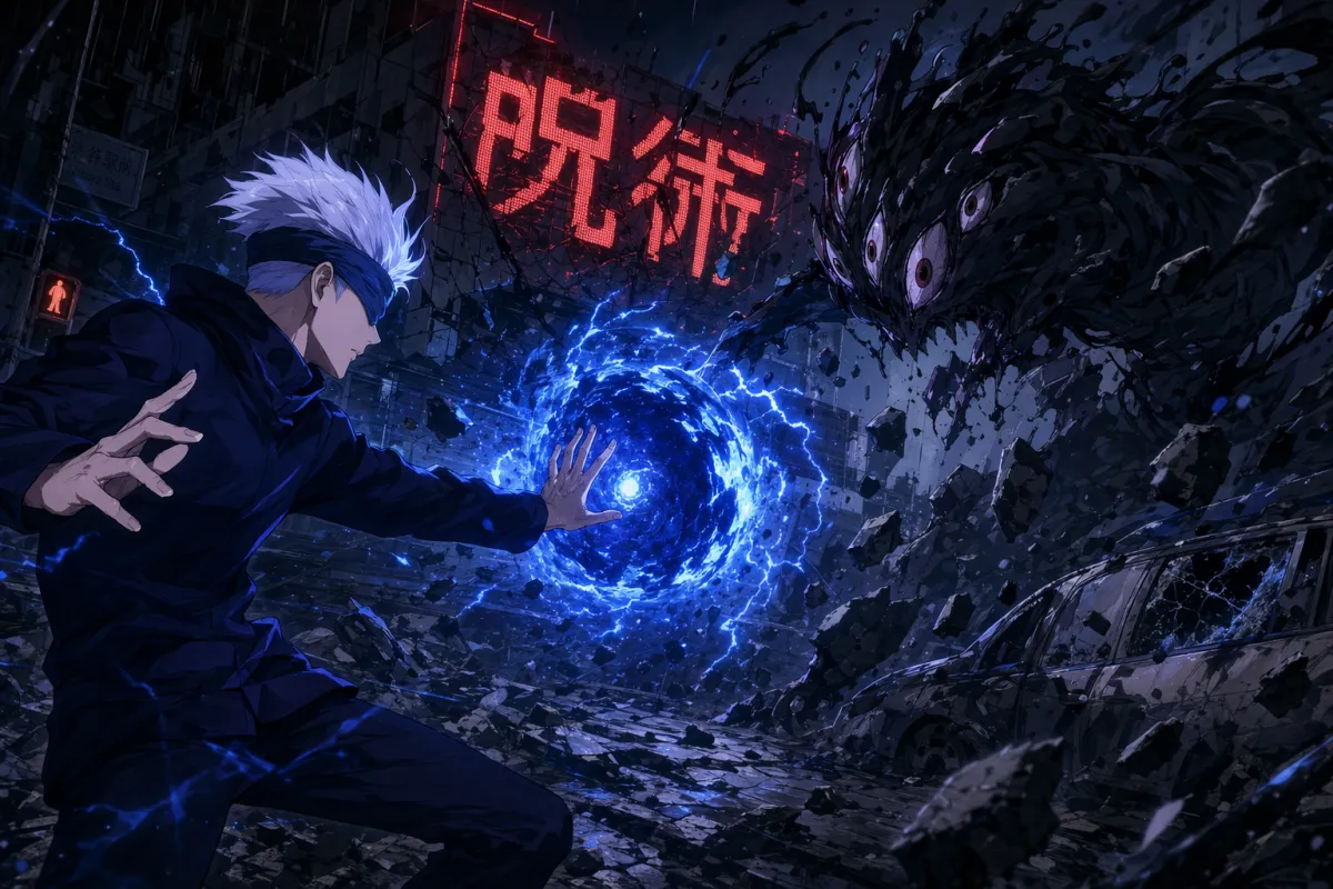 Anime-actionbild i MAPPA-stil (Jujutsu Kaisen-estetik)