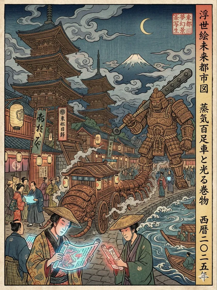 Ukiyo-e-tolkning av en modern scen (Edo-period)