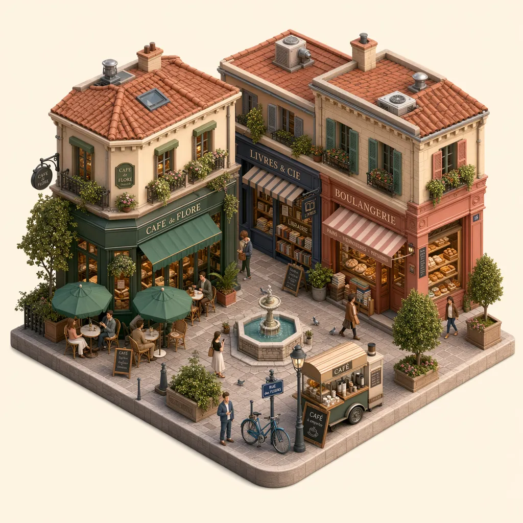 Isometriskt miniatyrkafékvarter