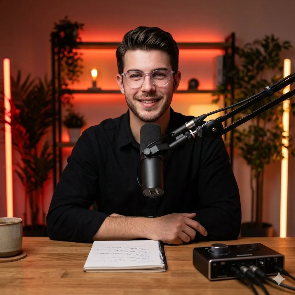 YouTube-miniatyr: filmiskt podcast-studioporträtt