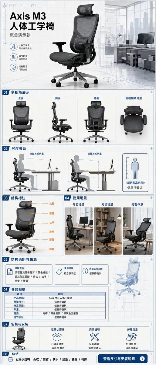 Infografik/utbildning: mobil produktsida för ergonomisk kontorsstol