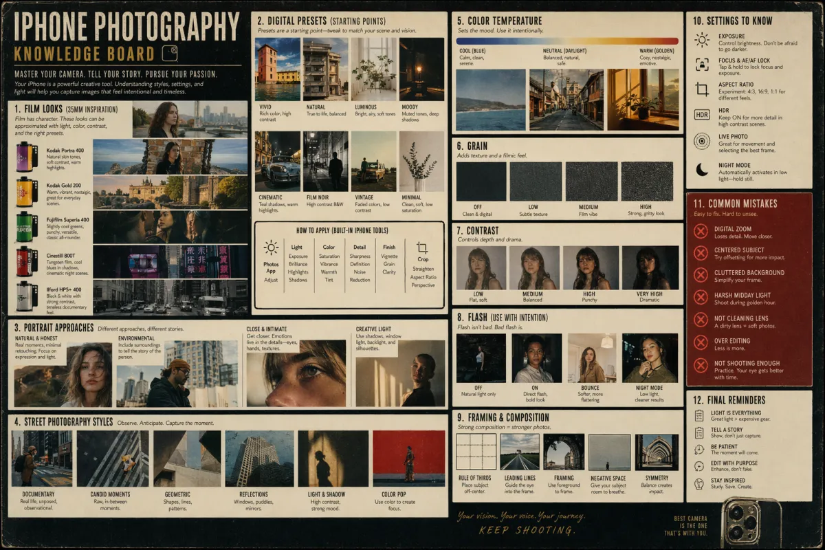 Referenstavla med kamerastilar för iPhone-fotografer