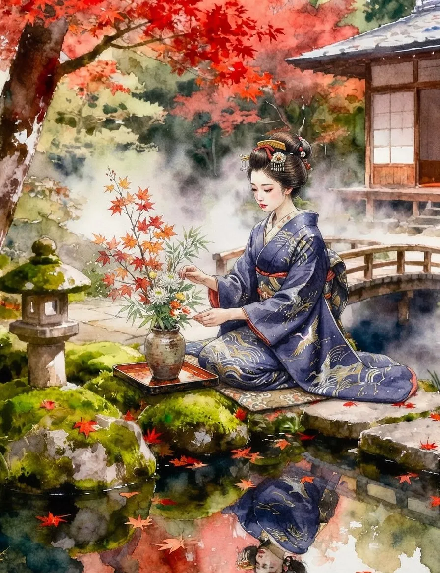 Serie/storyboard: japansk kvinna i kimono, höstträdgård