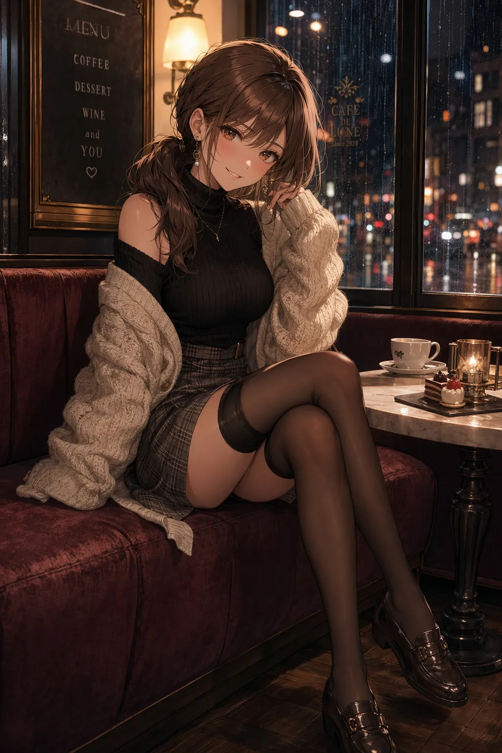 Elegant anime-modeporträtt på kafé
